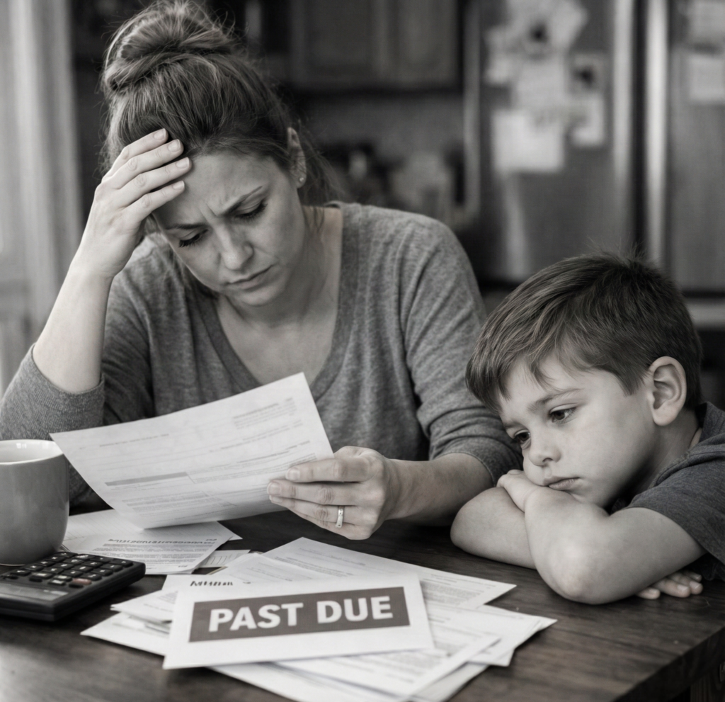 Mom and son at the table with a stack of past-due bills.